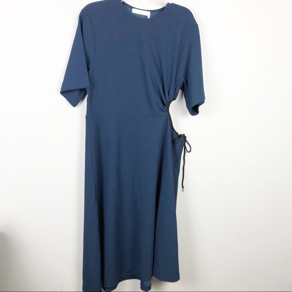 See by Chloe Asymmetrical Short Sleeve Cut Out Midi Tie Cinch Waist Dress Blue - Picture 2 of 8